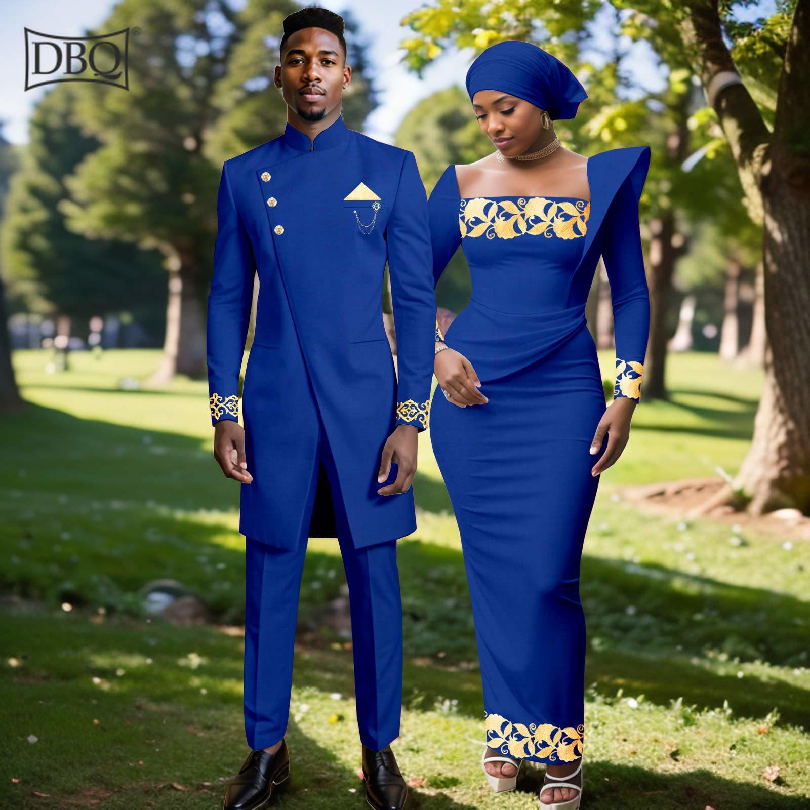 African Clothes for Couple Men`s Blazer Suit and Women`s Maxi Dress + Headscarf