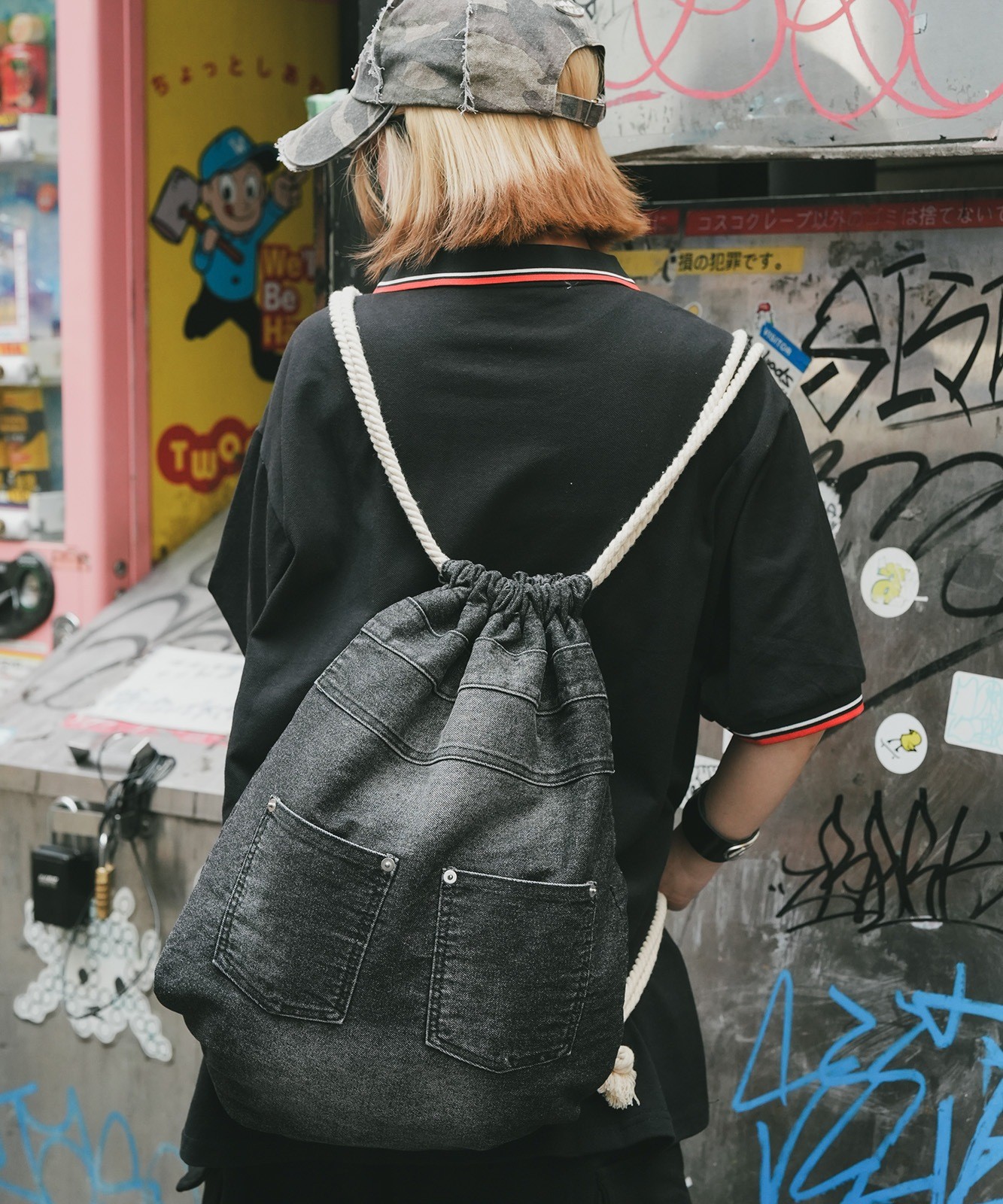 DEVICE Washed Denim Drawstring Backpack Unisex Vintage Finish RRD24049