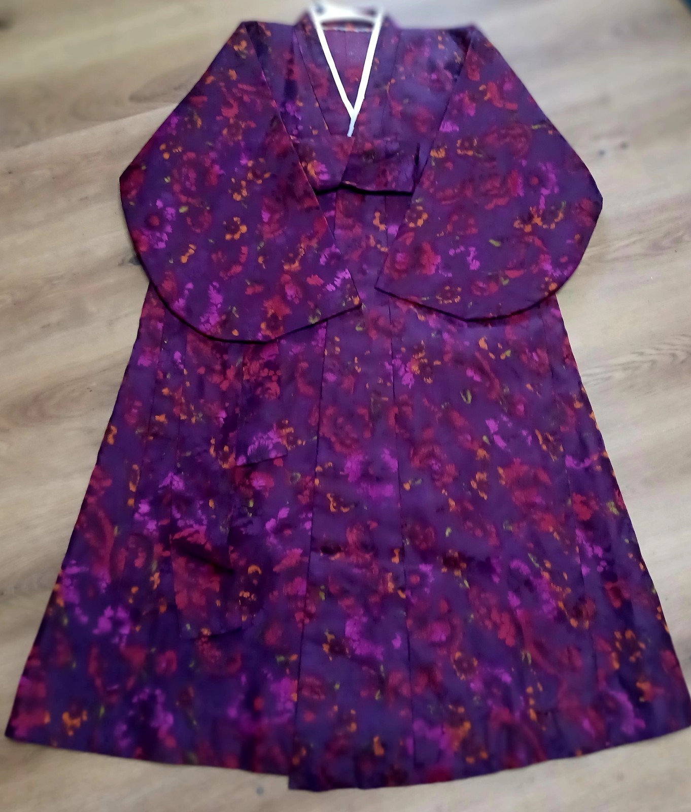 Vintage Traditional Korean Hanbok Silk Durumagi Coat Purple Robe & Scarf
