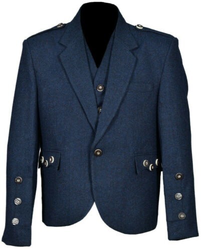 Men’s Scottish Blue Wool Argyle Style Jacket 5 Button Vest Kilt wedding jacket
