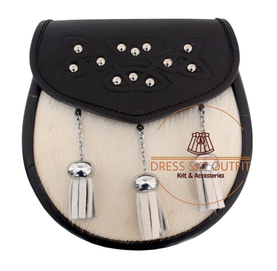 Scottish Semi Dress white bovine fur Sporran Real black Leather Celtic emboss