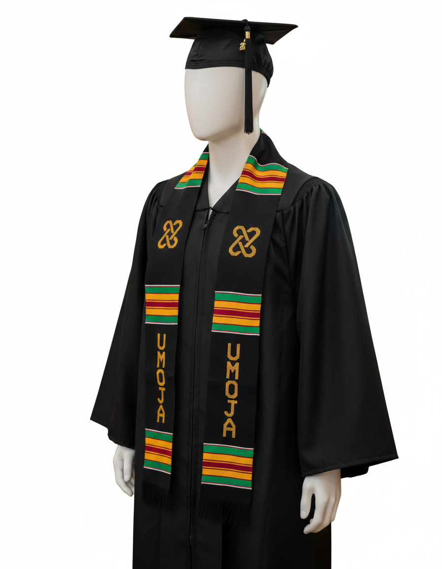 UMOJA Unity Kente Stole, Black with Gold and Green African Graduation Sash