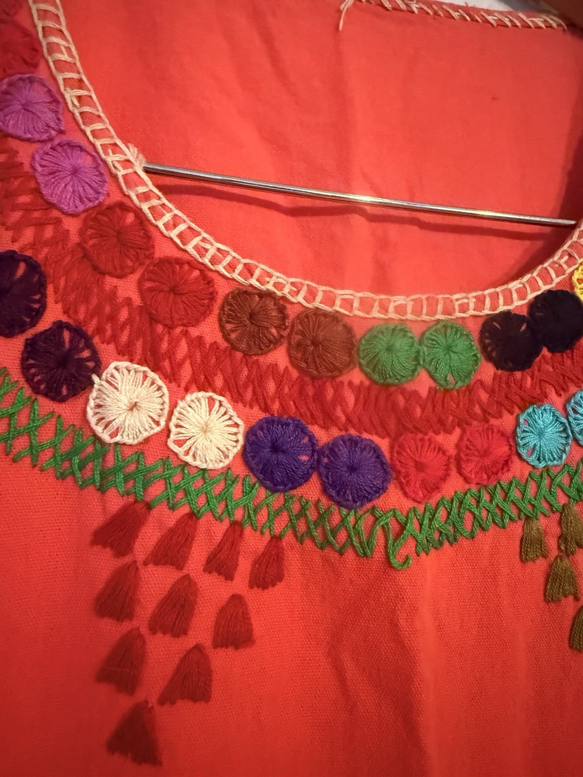 Vintage Mexican Huipil Dress Hand Embroidered Boho Tunic Small Coral Pink Orange