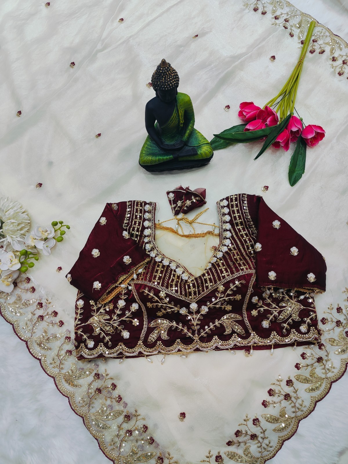 Soft Organza Party Wear Saree with Delicate Floral Embroidery & Designer Blouse