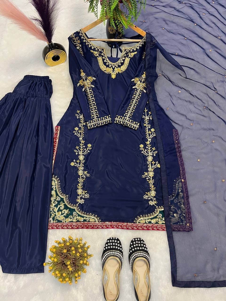 Beautiful Heavy Natural Crap Blue Top Farshi Palazzo And Dupatta For Festive