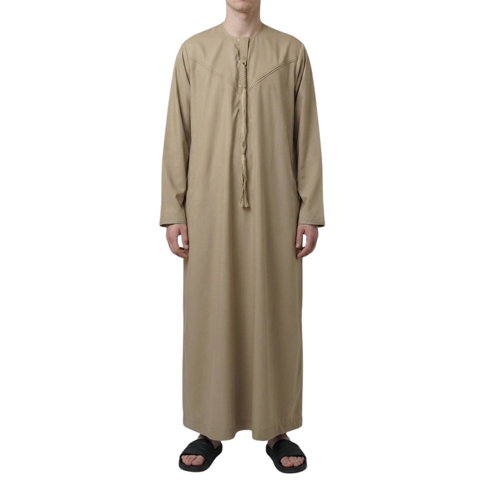 Men Beige Tassel Thobe Emirati Omani Jubba Islamic Clothing Zip Muslim Eid