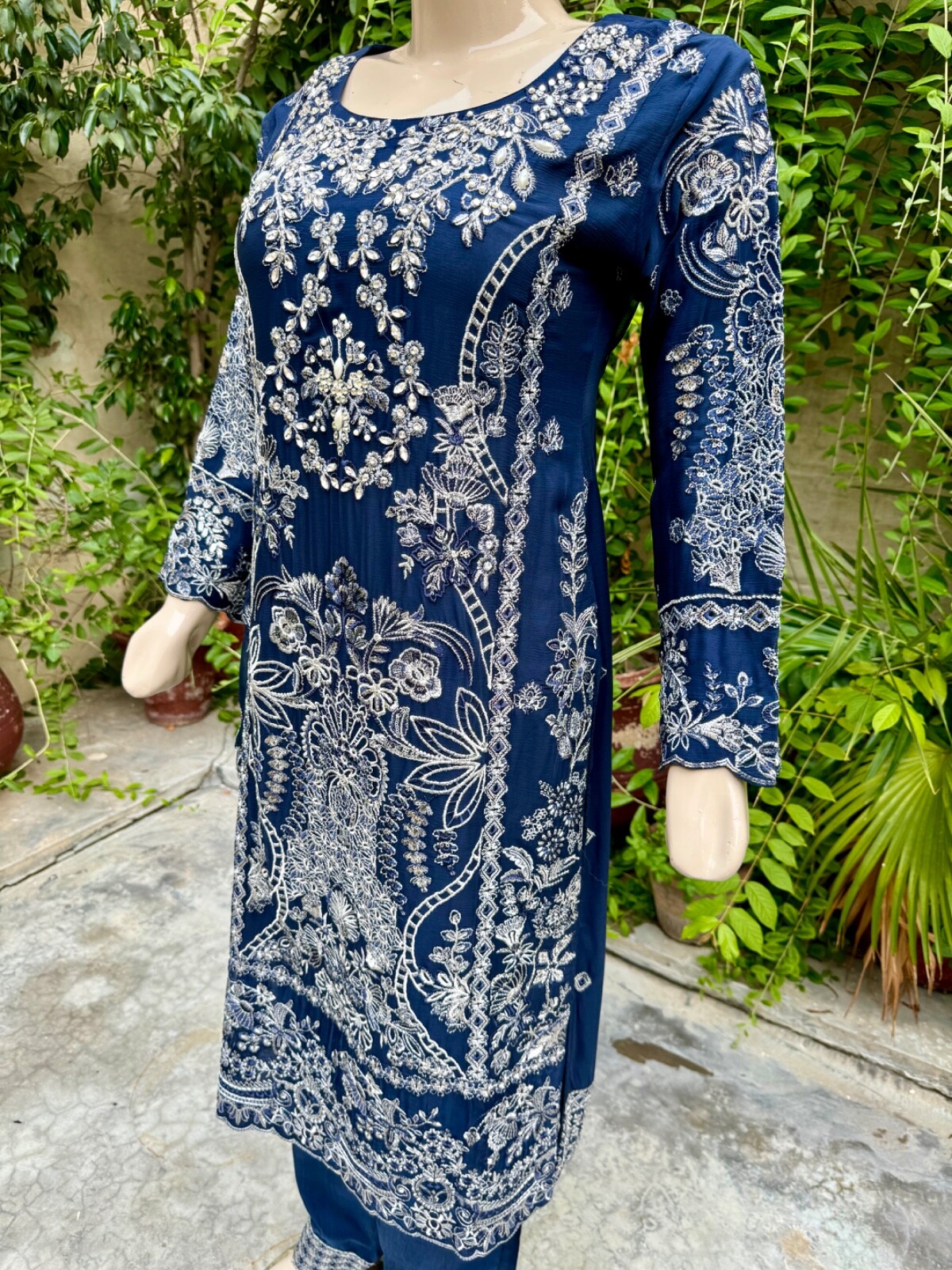 Pakistani Navy Blue 3 Pcs Fancy Chiffon Dress with embroidery & Squins work,L