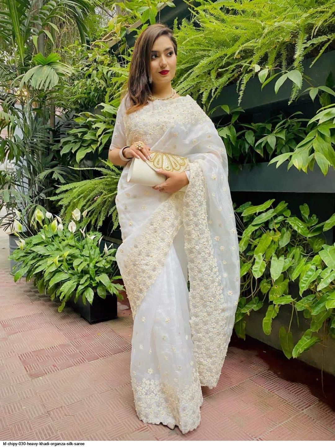 White Heavy Embroidery Work Beautiful Sari Indian Women Party Wear Saree Blouse