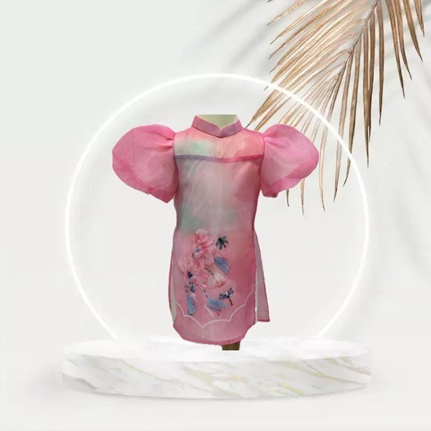 Pink Vietnamese Traditional Ao Dai/Dress with White Pants for Girl. Set