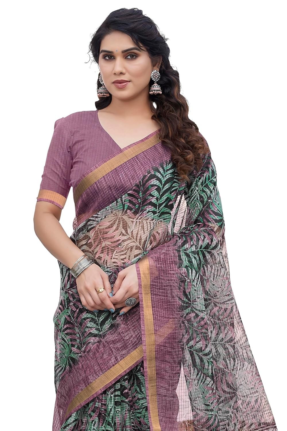 Women’s Kota Doria, Polyester Mix Leaf Floral Printed Saree with Blouse Piece