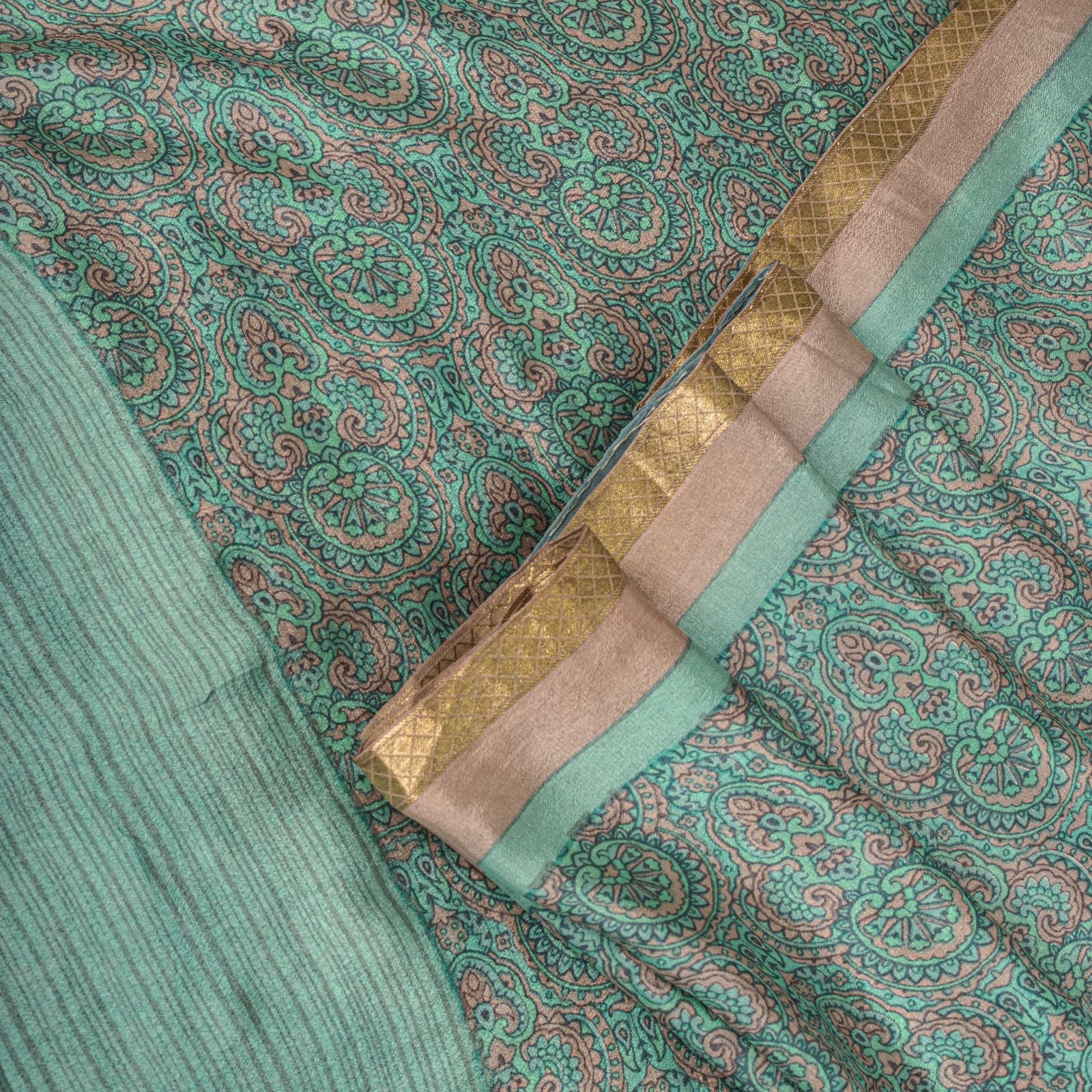 Sanskriti Vintage Saree Green Soft Pure Silk Floral Printed Sari 5.5+Yd Fabric
