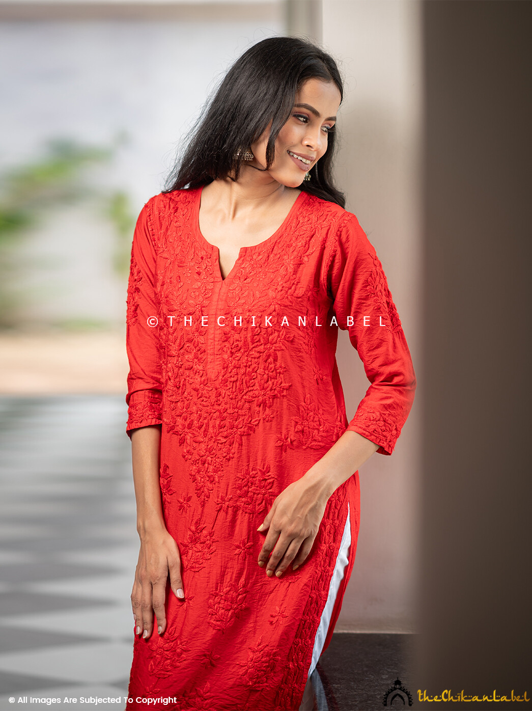 Red Iyada Chanderi Straight Chikankari Kurti Lucknow Chikankari Kurta Top