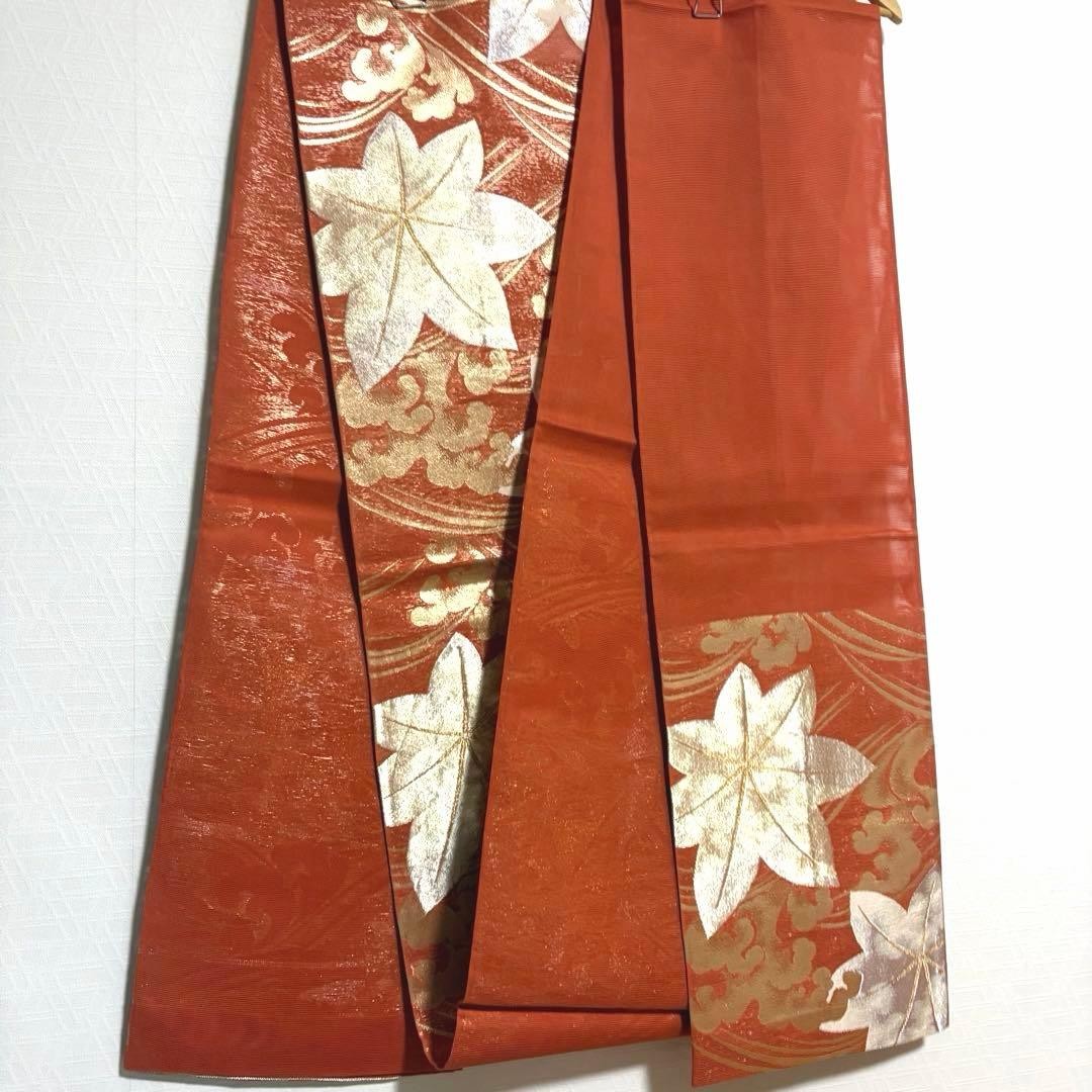 Japanese Summer Fukuro Obi Red Leaf Wave Gold Silver Thread Sash
