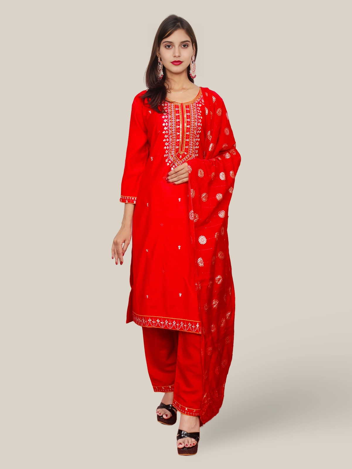 Rayon-Cotton Embroidered Straight Kurti Set with Pant and Dupatta
