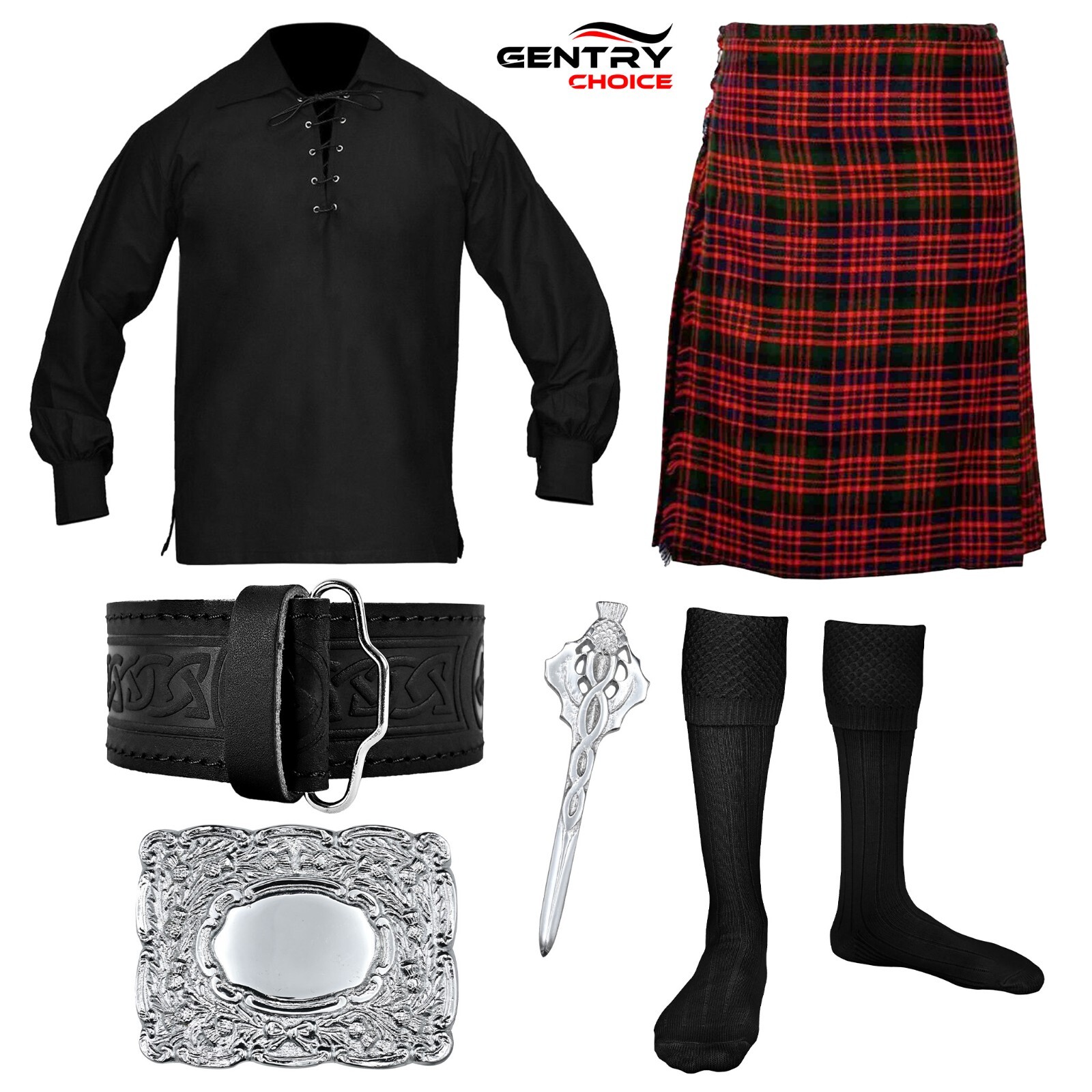 Highlander Tartan Kilt MacDonald 8 Yards 6 Pieces Kilt Set Full Scottish Outfit