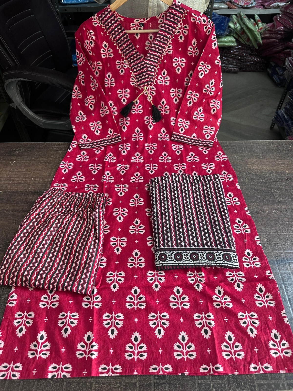 Indian Hand Block Printed Kurta Palazzo Dupatta Set Women Designer Salwar Kameez