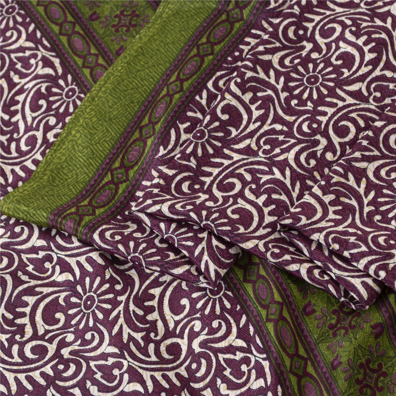 Sanskriti Vintage Purple Sarees Moss Crepe Printed Floral Sari Soft Craft Fabric
