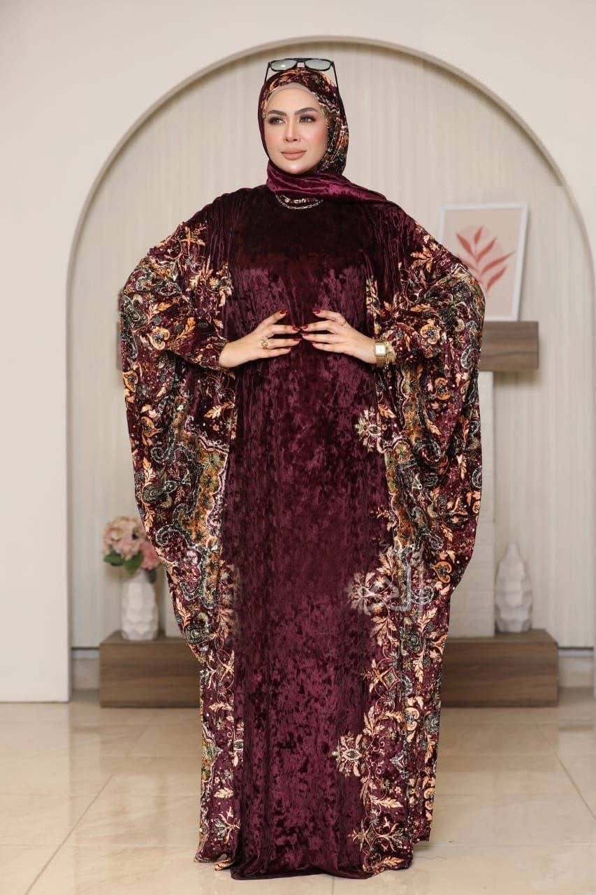Women’s Velvet Kaftan Dress, Floral Pattern, Multicolor, Middle Eastern