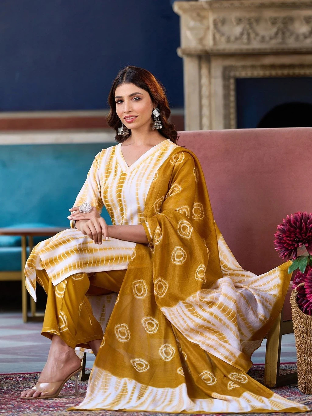 Women Plus Size Yellow Tye & dye Indian Kurta Top And Trousers With Dupatta,Eid