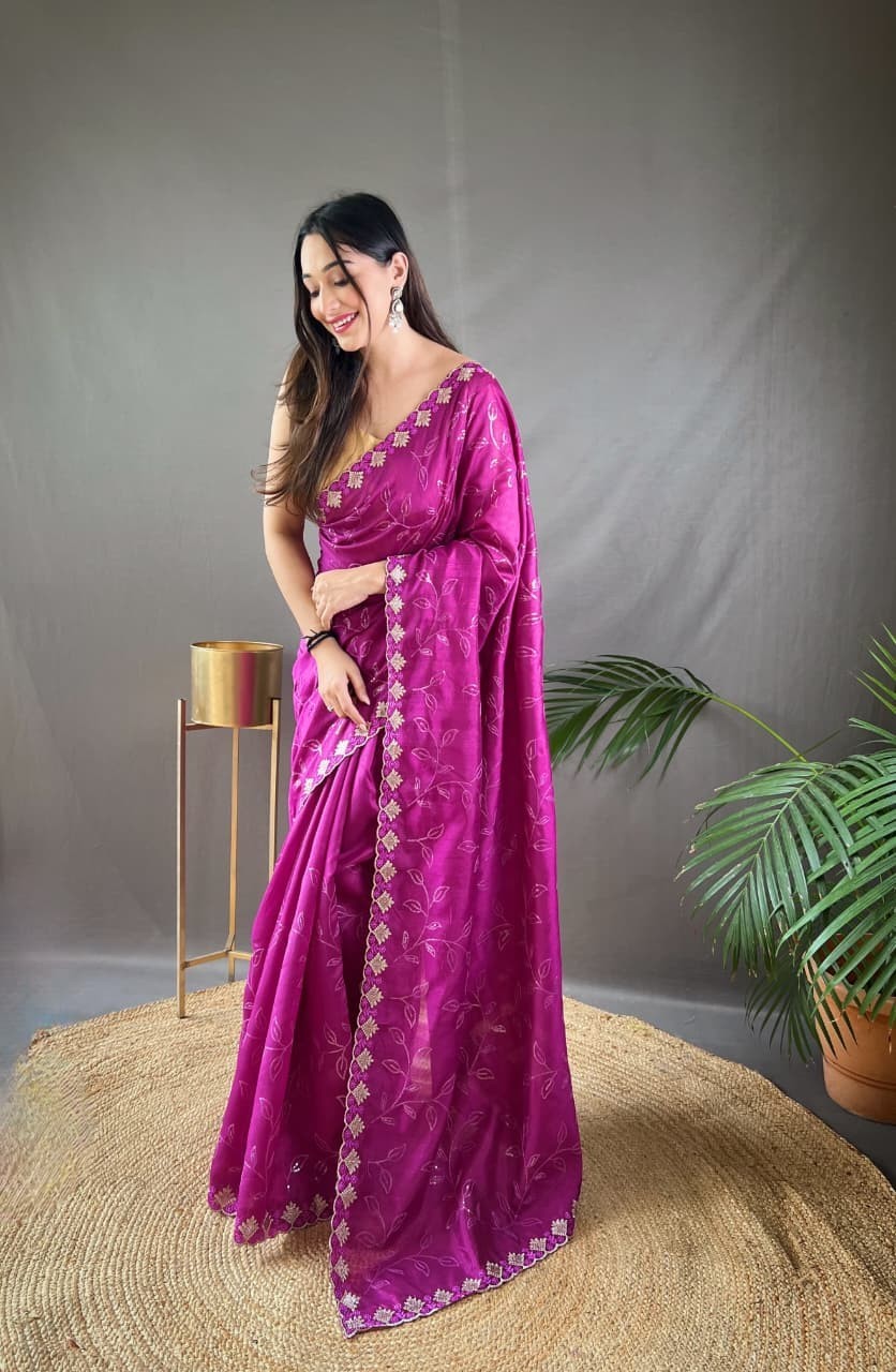 Women’s Pure Ruhi Silk Saree Jal Sequin Work Cutwork Border Party Wear Blouse