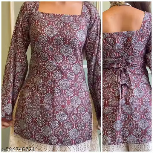 Women Cotton long SLEEVES SQUARE NECK DESIGN UNIQUE Short Kurti FOR PARTY WEAR