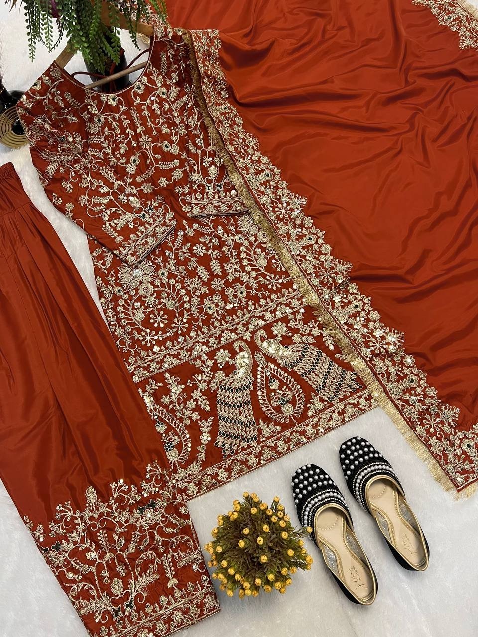 Exclusive Look Heavy Natural Crepe Top Bottom With Orange Dupatta For Function
