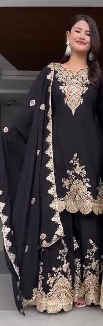 New Launch Black Faux Georgette Kurta Palazzo With Dupatta For Women