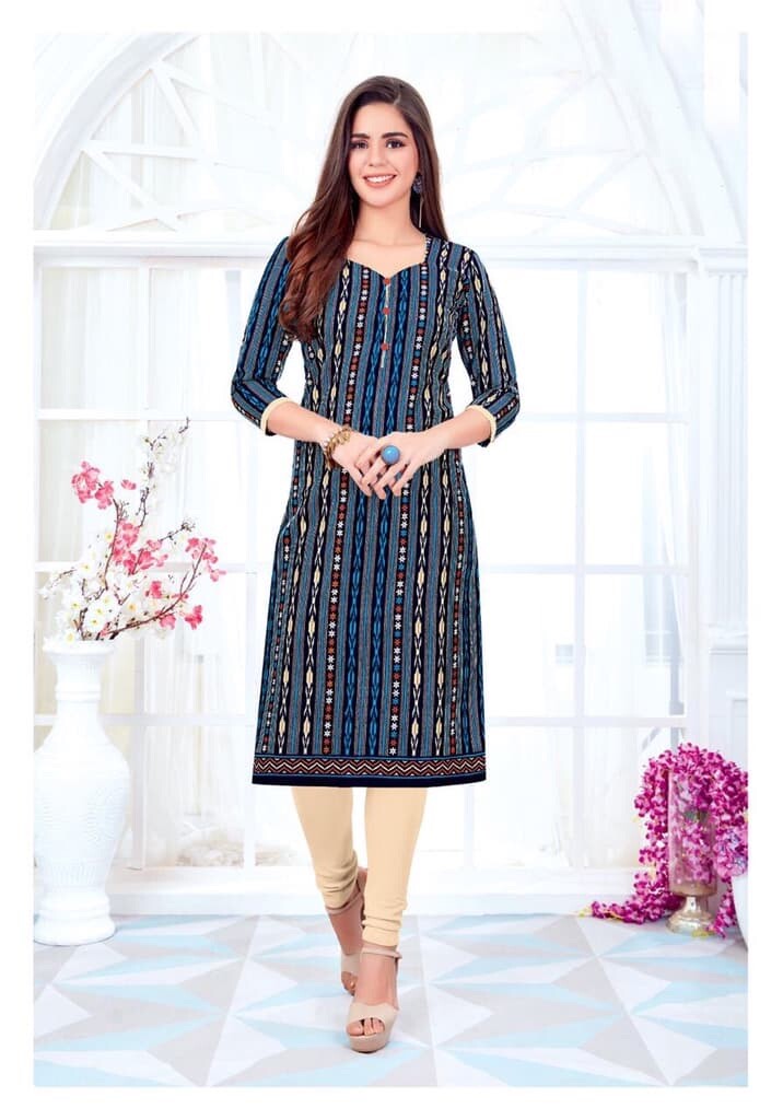 New Indian Pakistani Women Stitched 100% Cotton Kurti L Blue US Seller