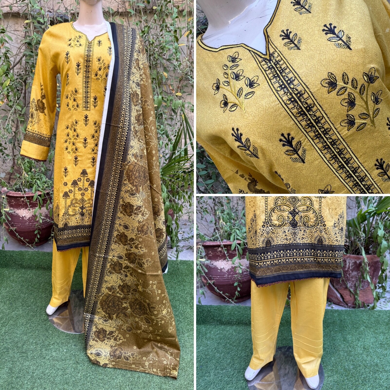 Pakistani Yellow Printed Straight Shirt 3-PCS Lawn Suit w/ Threadwork ,L#1