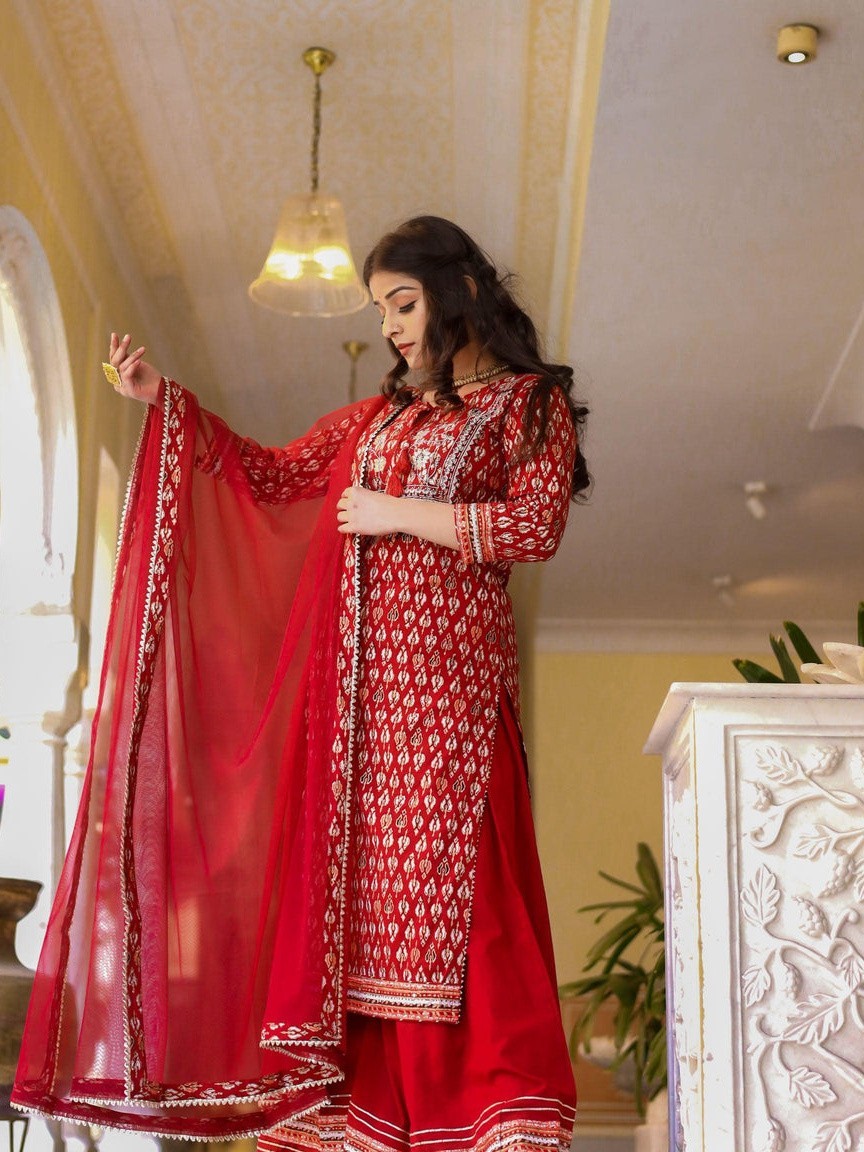 Maroon Cotton Kurta Palazzo Set with Net Dupatta for Women Ethnic Suit Plus Size