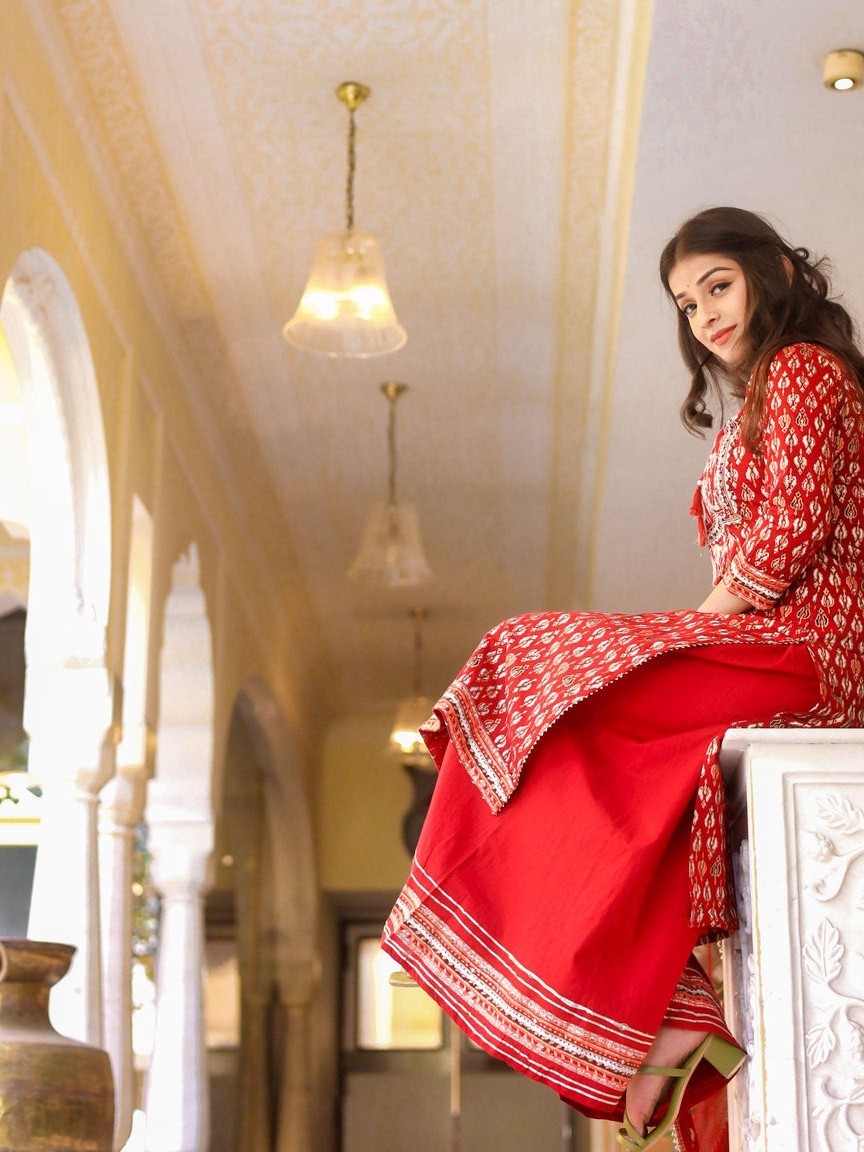 Maroon Cotton Kurta Palazzo Set with Net Dupatta for Women Ethnic Suit Plus Size