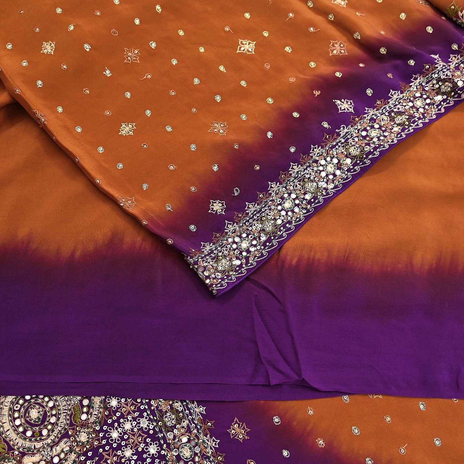 Indian Vintage Sari Purple & Mustard Pure Crepe Silk Hand Embroidered Sarees 6yd