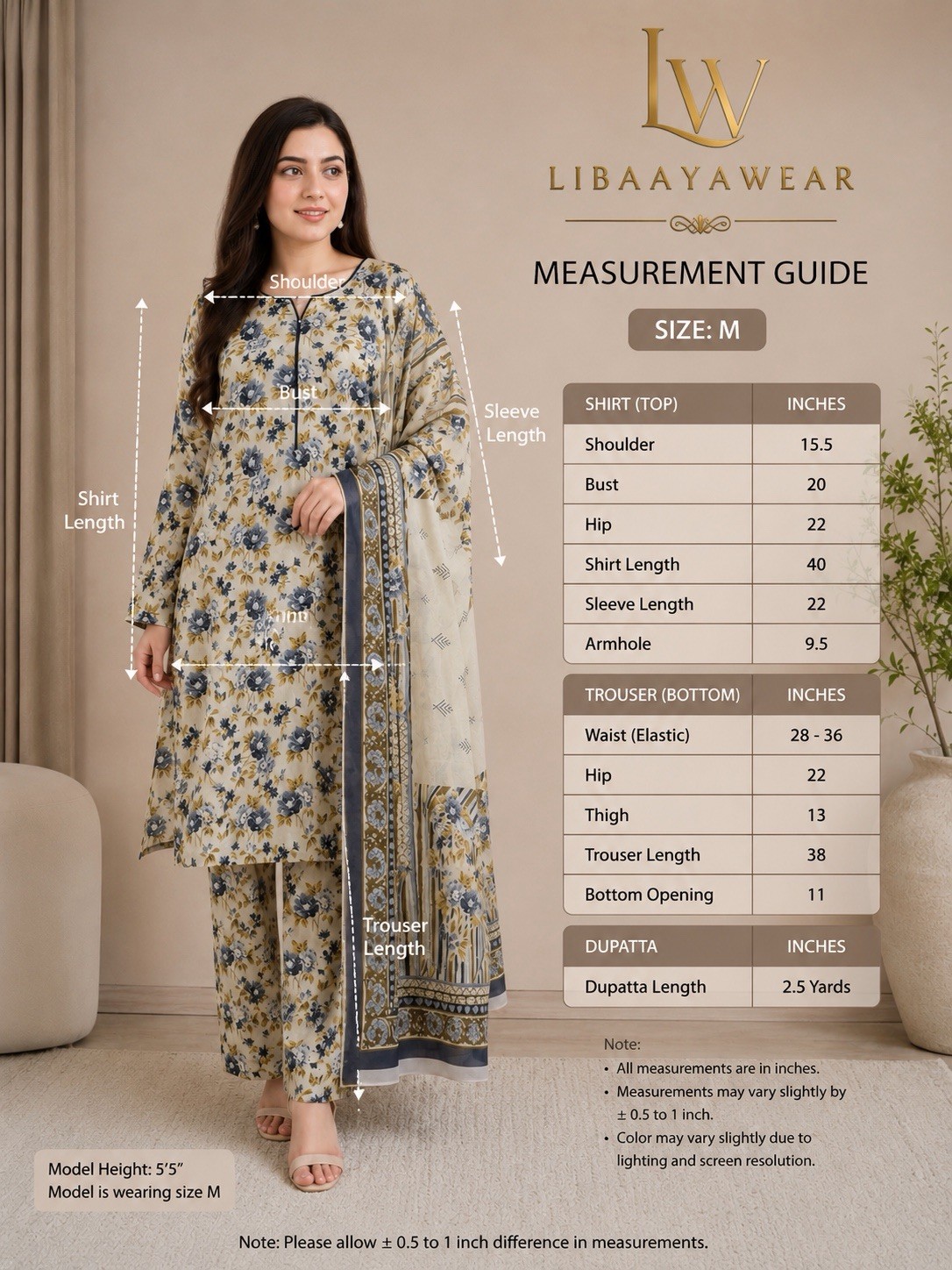 LIBAAYA WEAR Women’s Pakistani 3-Piece Salwar Kameez Dupatta Beige Floral M