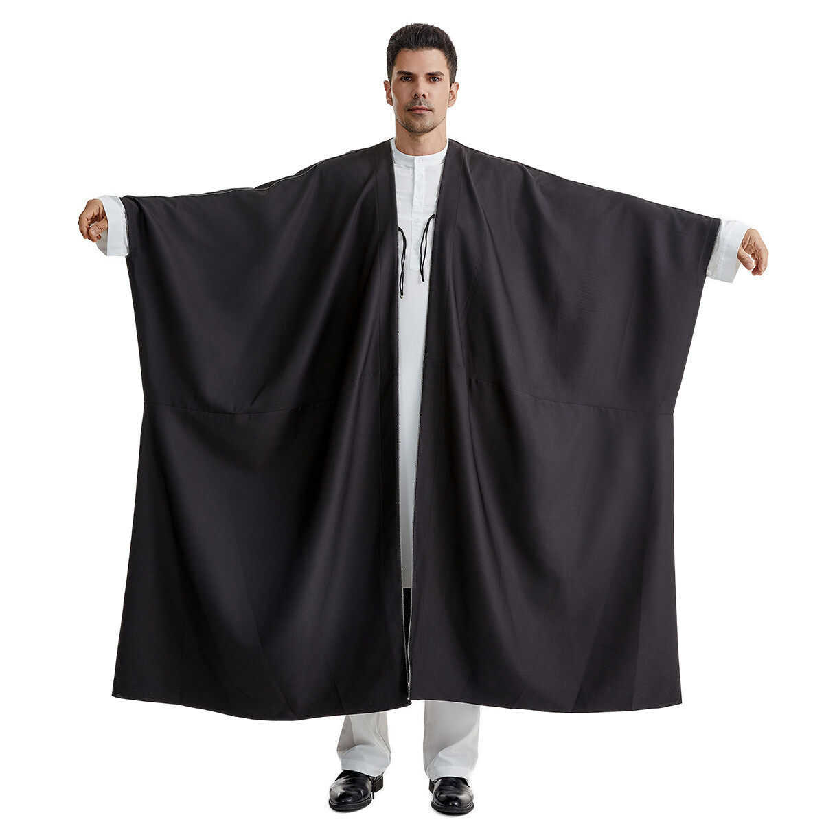 Saudi Arab Men Solid Color Open Kimono Batwing Robe Muslim Abaya Ramadan Prayer