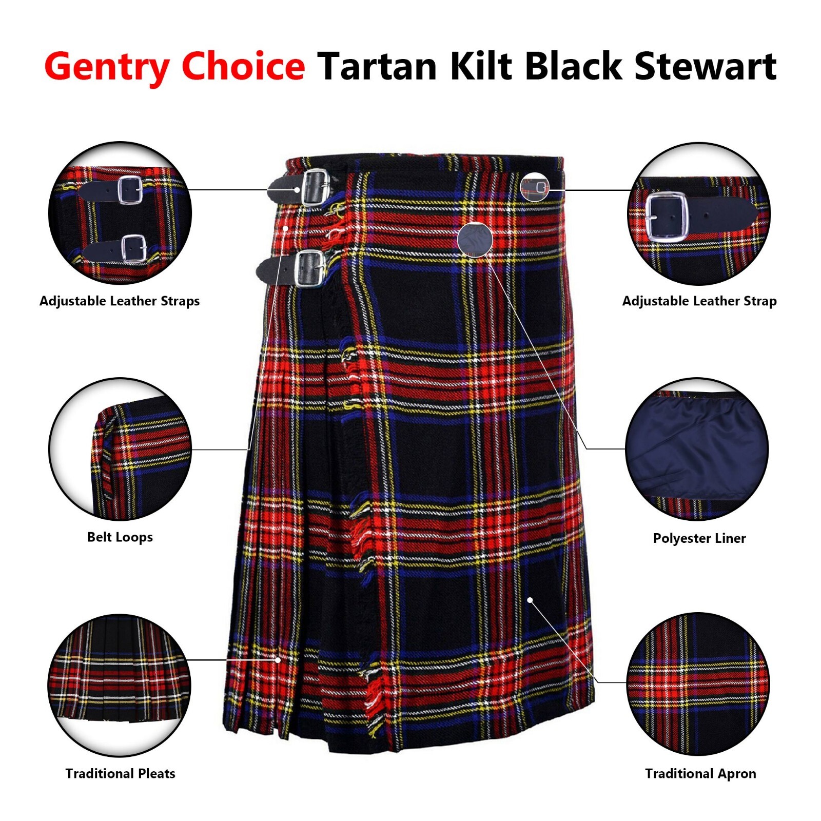 Scottish Tartan Kilt Black Stewart 8 Yards Highlander Outfit Wedding Men Dress