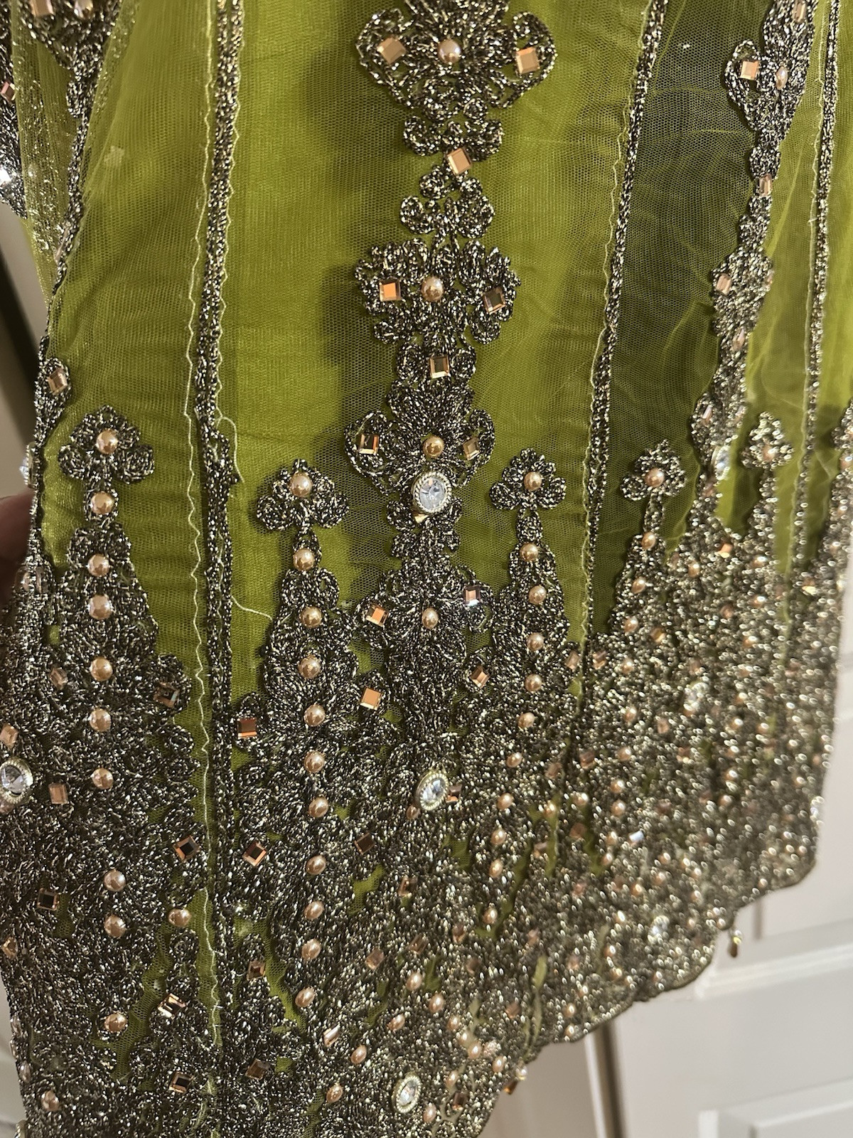 Green Heavy Embodied Work On Net A Line Frock Kameez Trouser Large