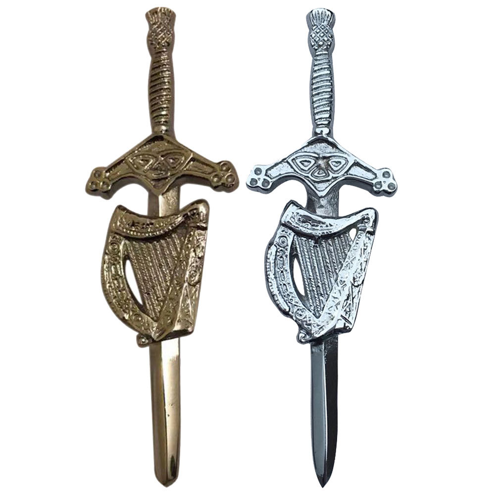 CC Irish Celtic Harp Sword kilt Pin 4″ Gold/Chrome Finish Scottish Kilt Sporrans