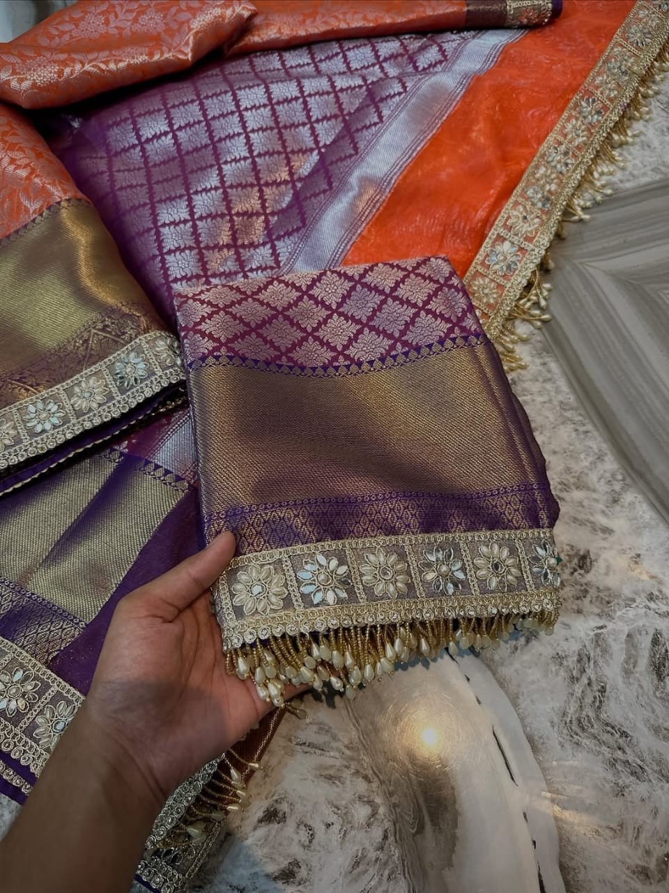 Indian Designer Tissue Silk Saree Banarasi Zari Weaving Fancy Lace Border Sari