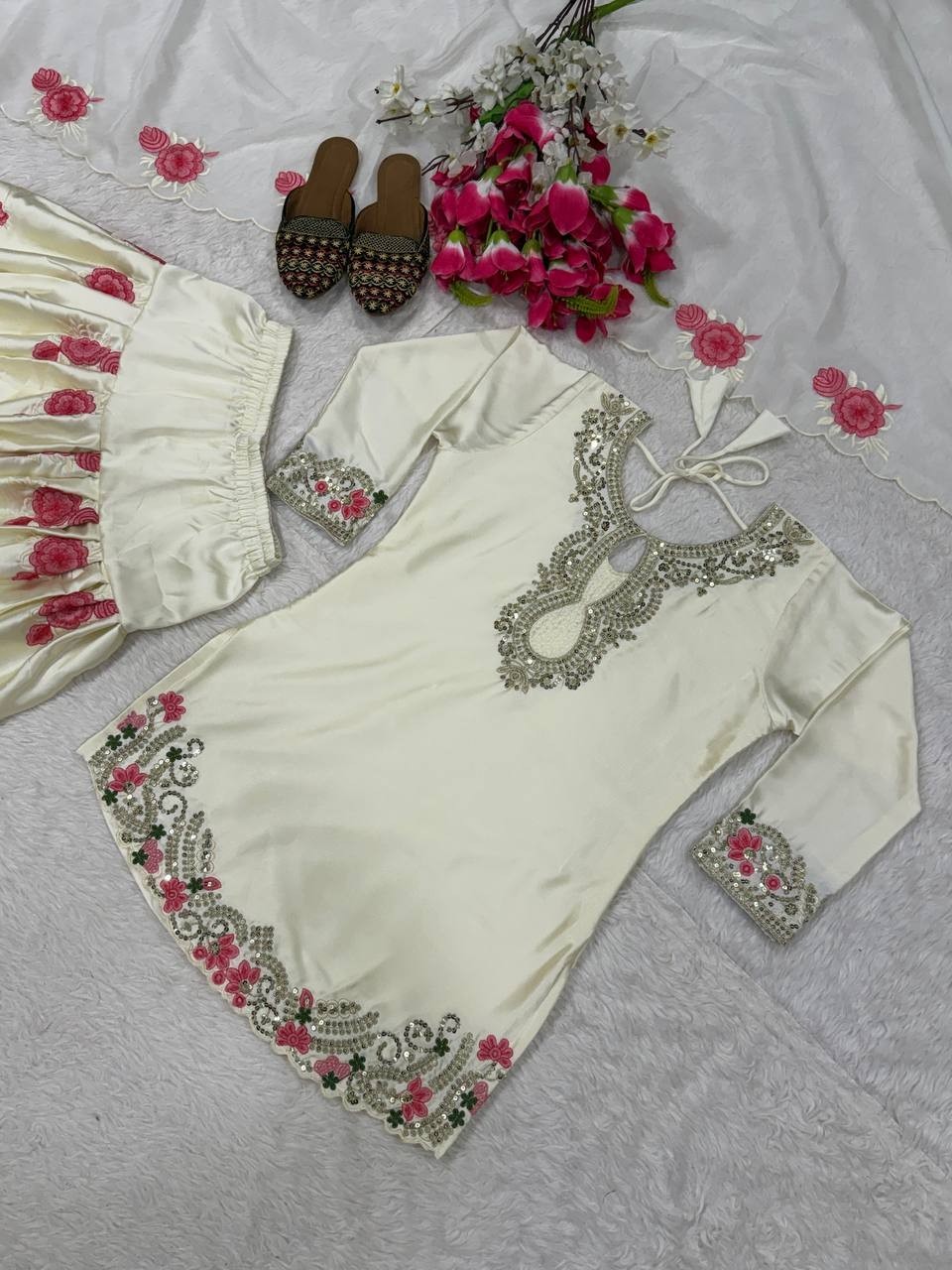 Fancy Designer Japan Satin Salwar Kameez With Organza Dupatta For Women