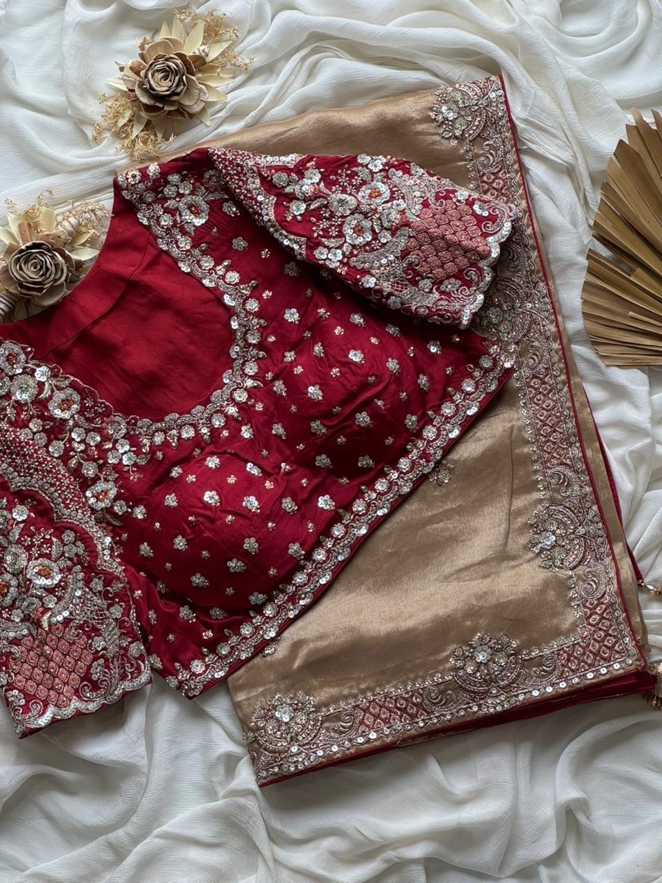 nylon soft tissue crape saree multi sequence pearl handwork with blowse .
