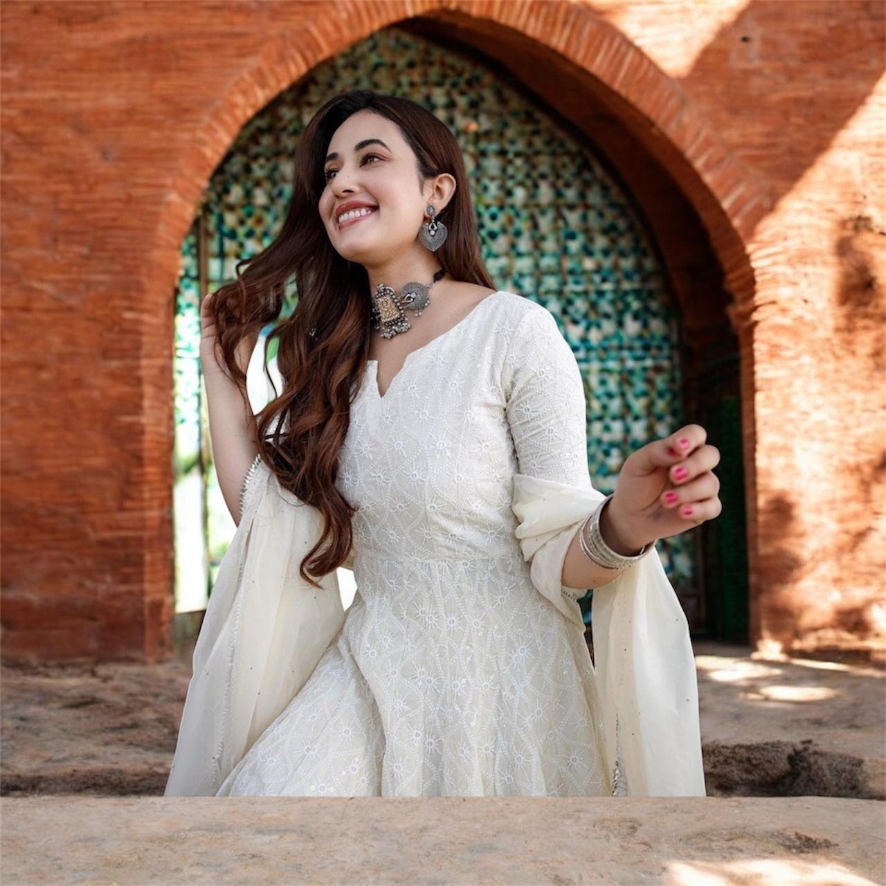 Women’s Cotton Chikankari Sequin Long Kurti with Chanderi Dupatta Set