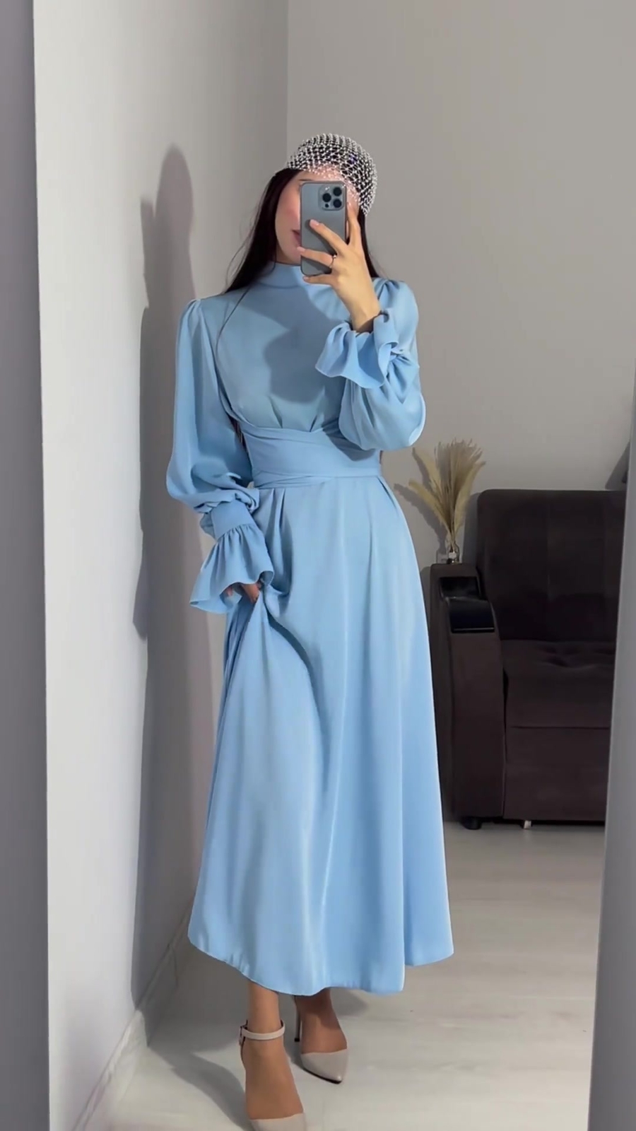 Women Long Dress Lantern Sleeves High Neck Party Plain Color Gown Lace Up Dress