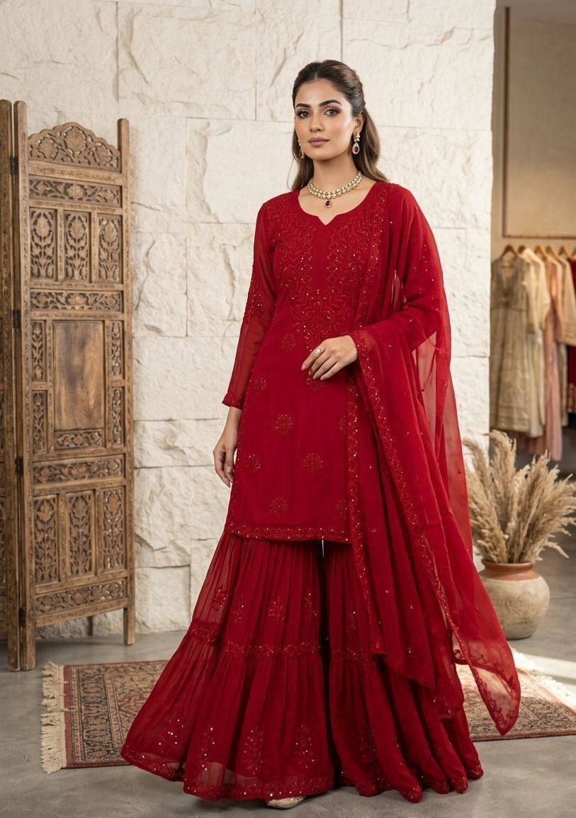 Indian Pakistani Georgette Kurta Sharara Set Women Embroidered Party Wear