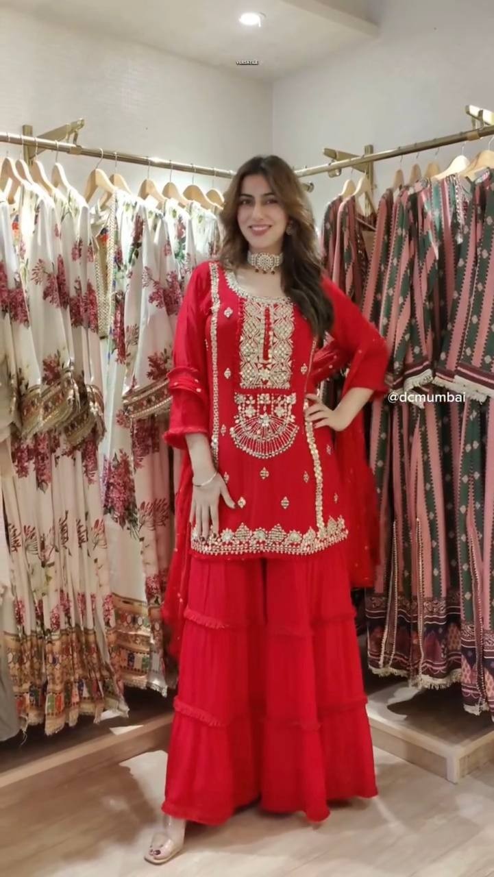 Beautiful Red Faux Georgette Top Palazzo With Dupatta For Festival Wear