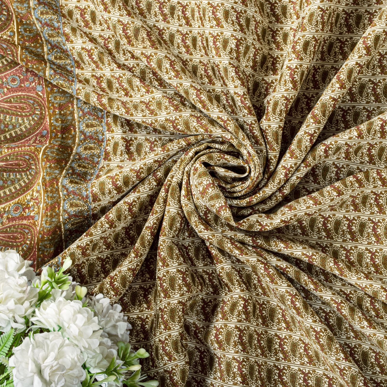 Sanskriti Vintage Cream Soft Moss Crepe Saree Kalamkari Print Sari 5.5Yd Fabric