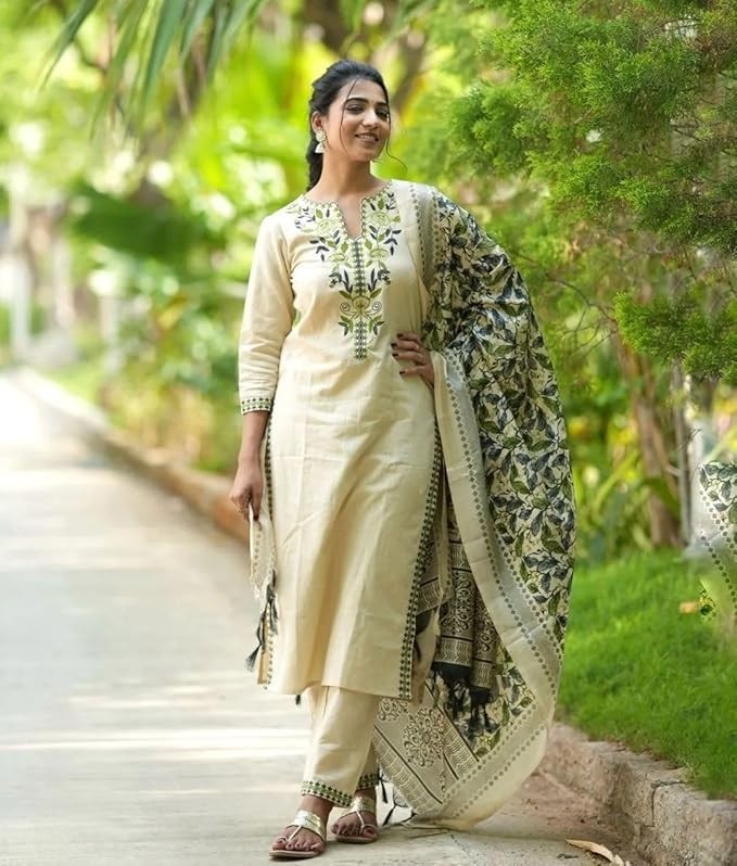 Women Beige Plus Size Embroidered Indian Rayon Long Kurta Top Trousers & Dupatta