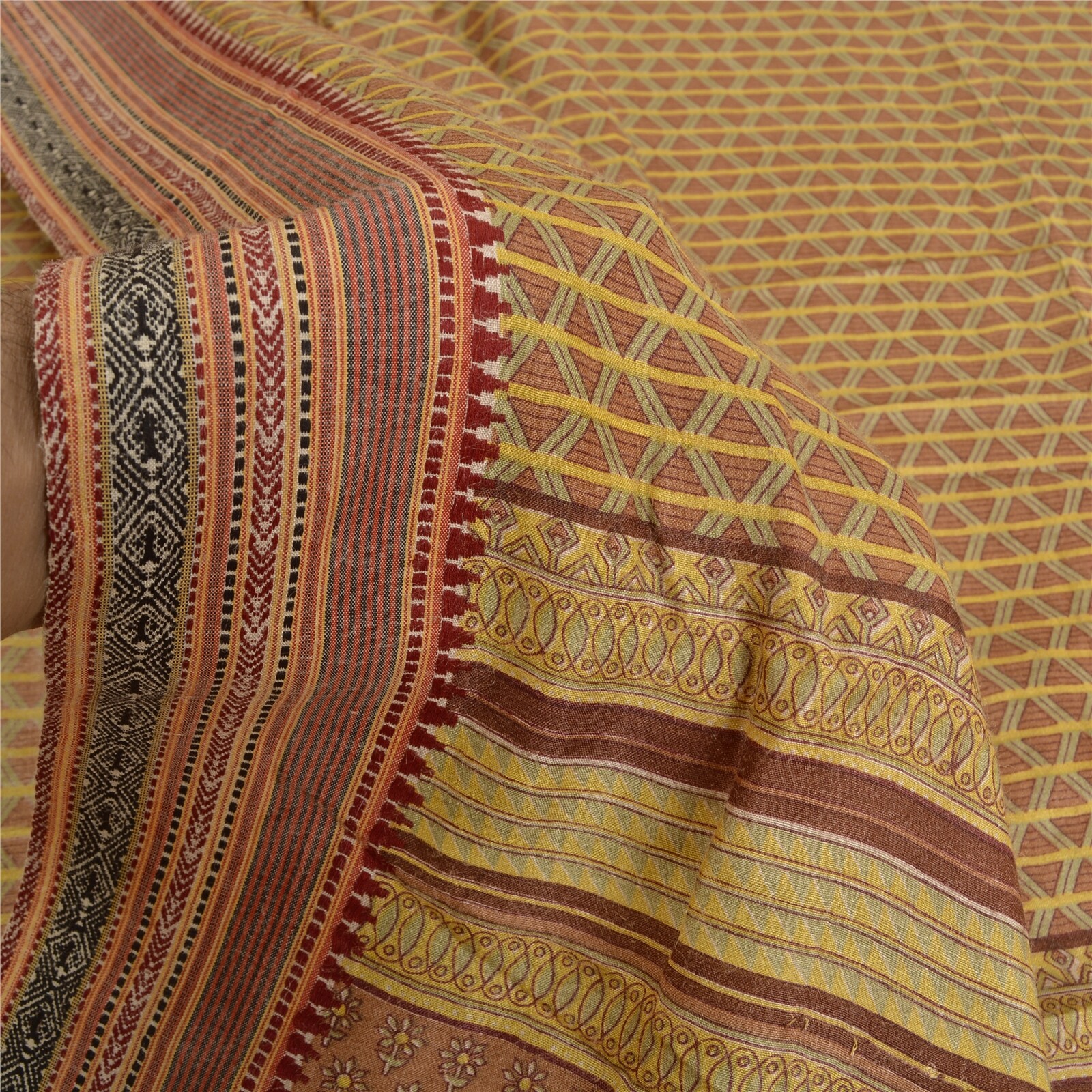 Sanskriti Vintage Multicolor Indian Saree Printed Pure Woolen Fabric 5 Yard Sari