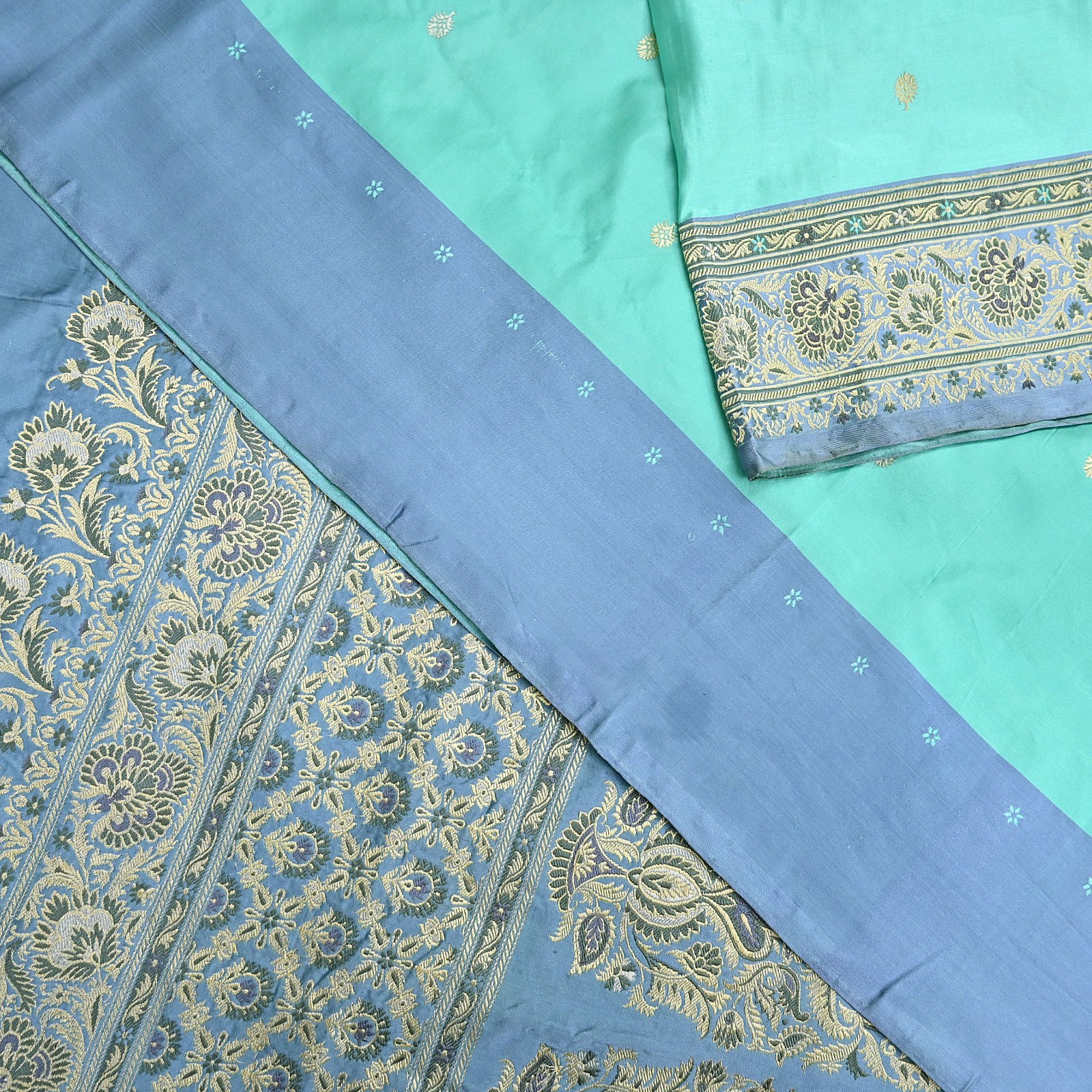 Indian Vintage Sari Heavy Pure Silk Woven Banarasi Brocade Saree Fabric 5Yd