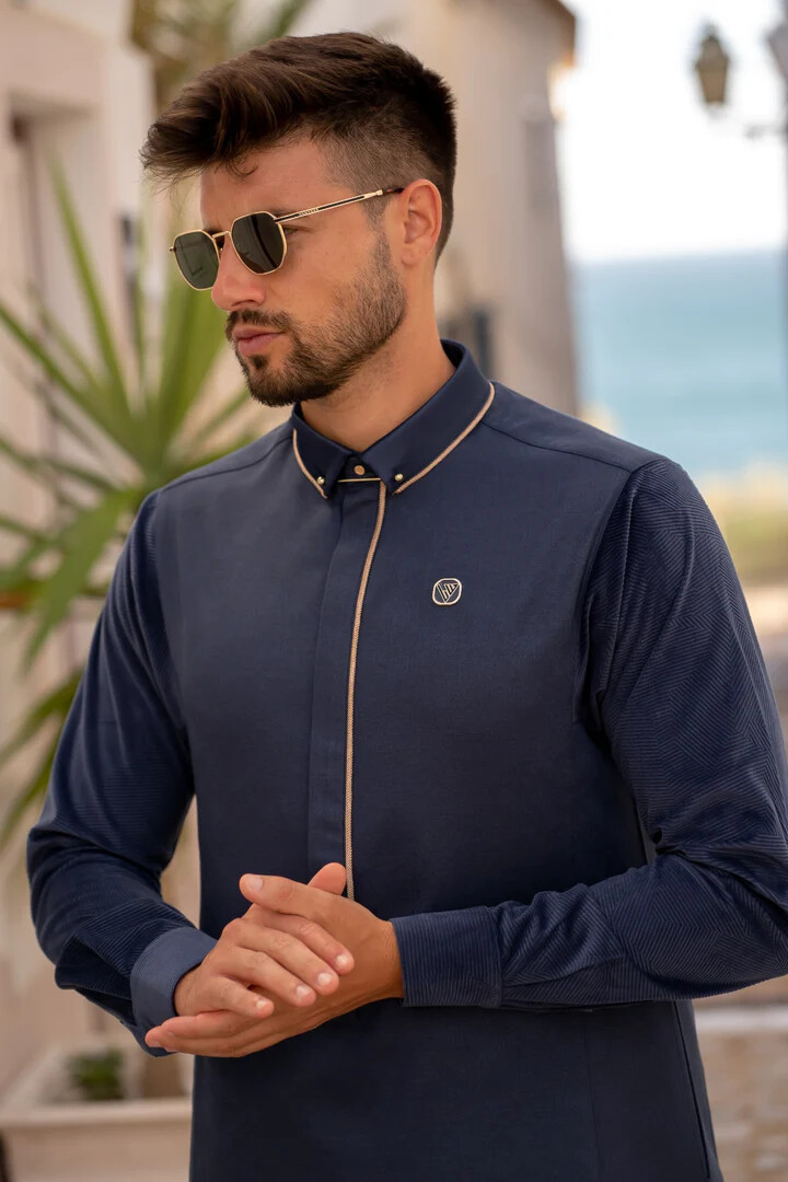 R24 LAWUNG Al-Ameer Adult Men’s Thobe Modern Design Arabian Jubbah Blue