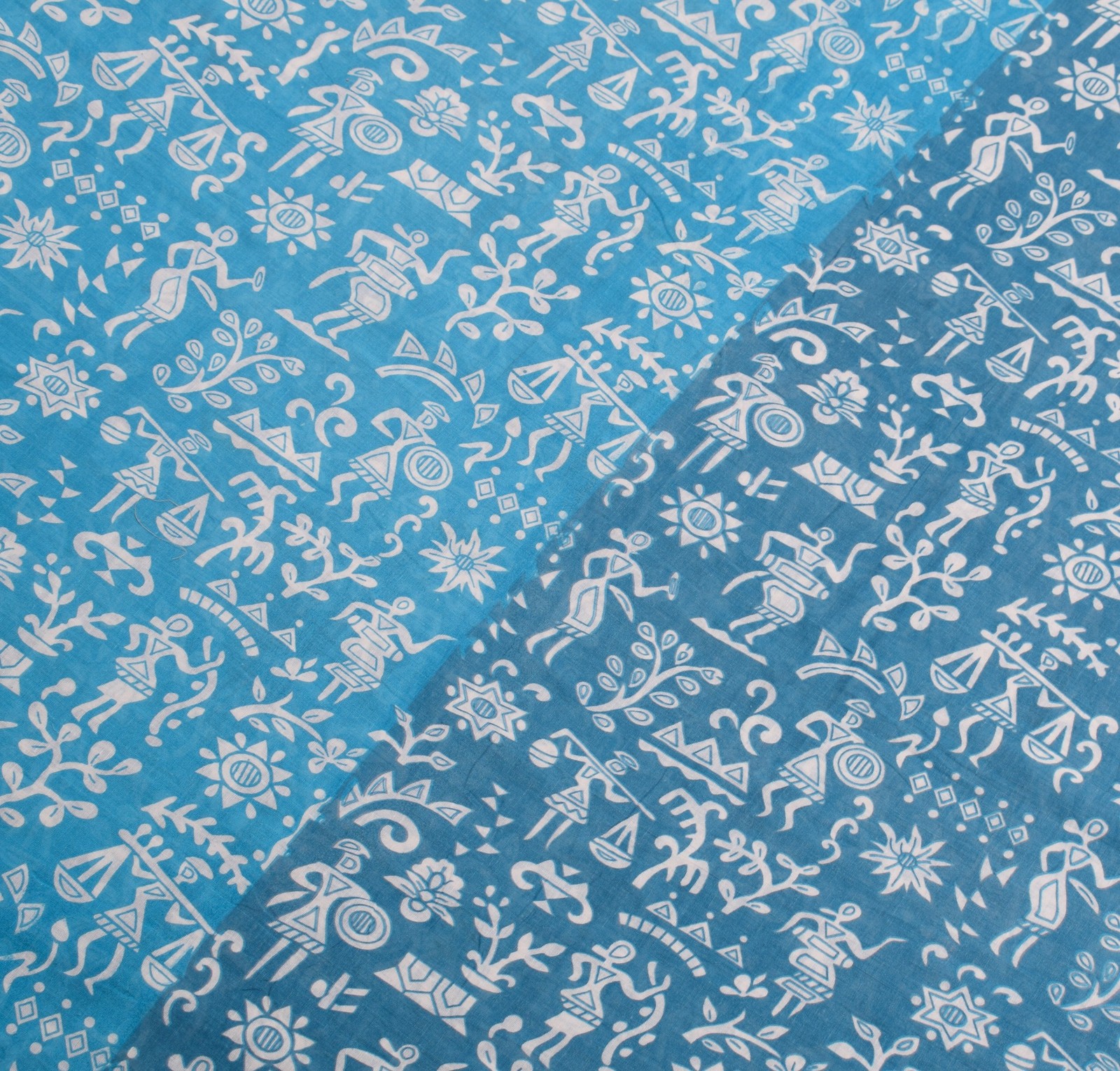Sushila Vintage Sky Blue Saree Pure Cotton Warli Printed Sari Soft Craft Fabric
